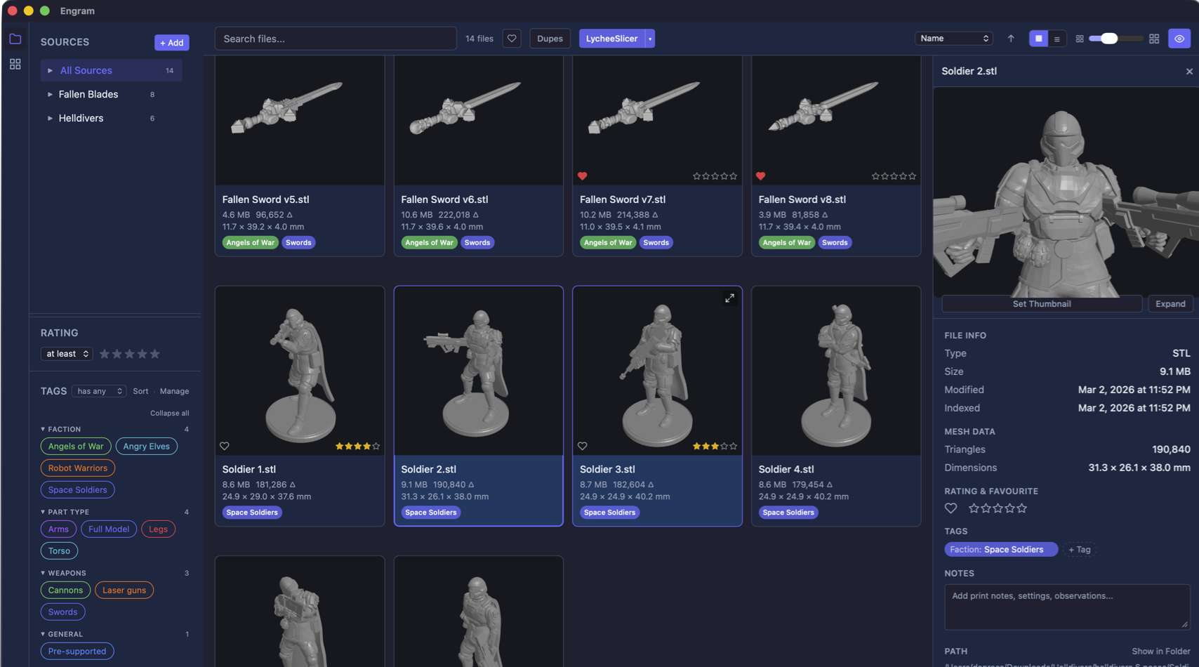 Engram app showing a 3D miniatures library with tags, search, and model preview